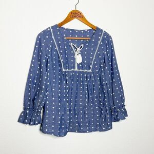 Boho Chambray Embroidered Peasant Blouse Tassel Tie Long Sleeve Medium